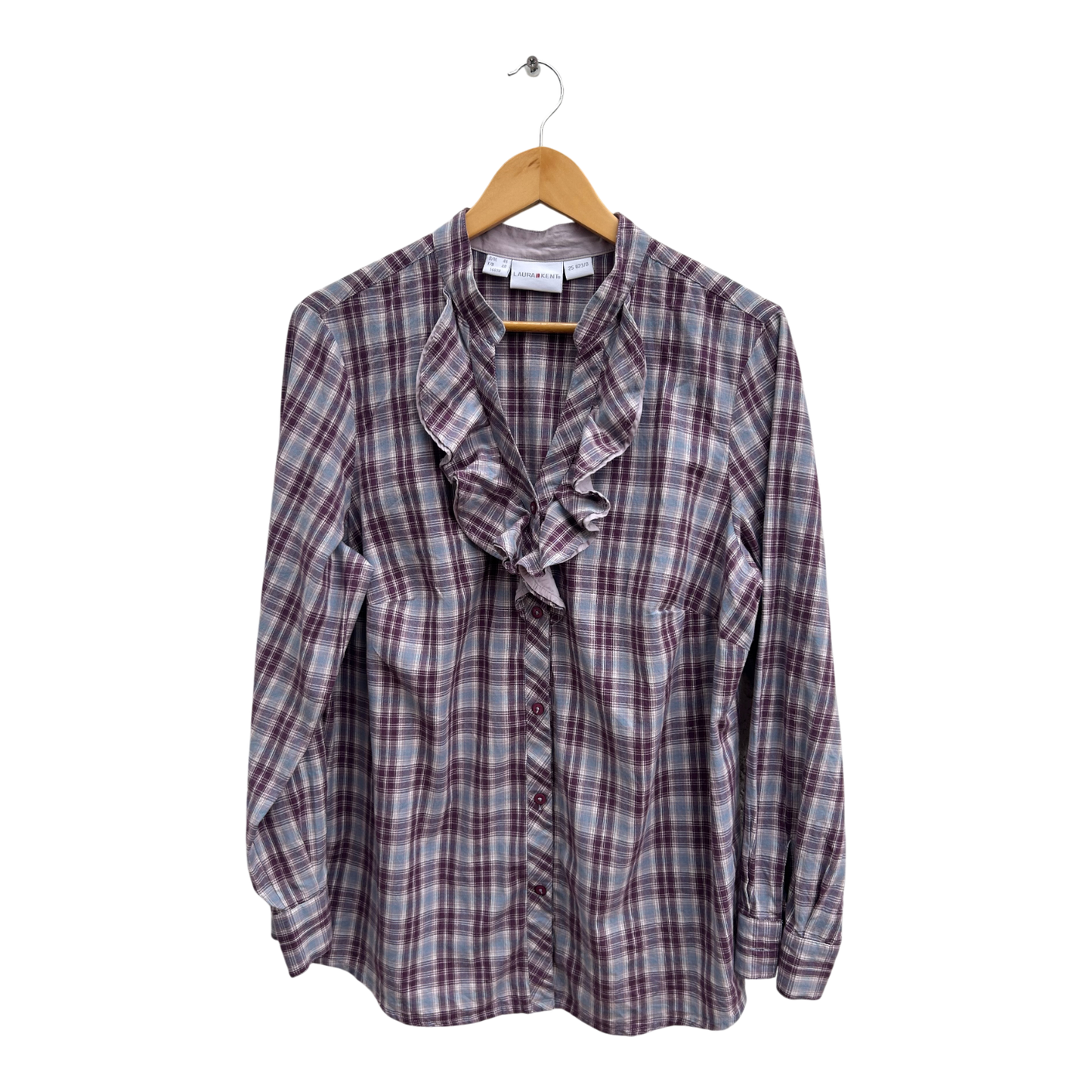 Laura Kent Bluse Damen Gr 46 Kariert 100% Baumwolle Langarm Lila Blau Rüschen