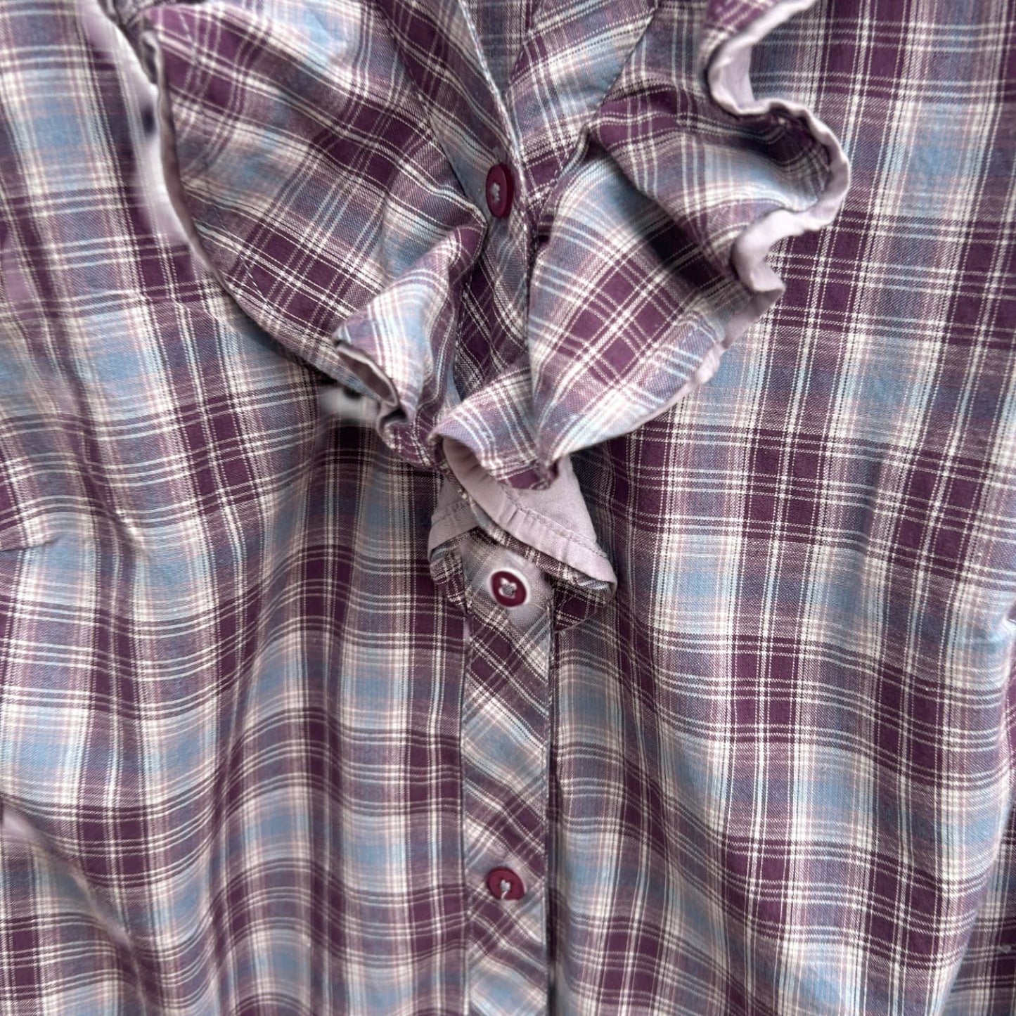 Laura Kent Bluse Damen Gr 46 Kariert 100% Baumwolle Langarm Lila Blau Rüschen