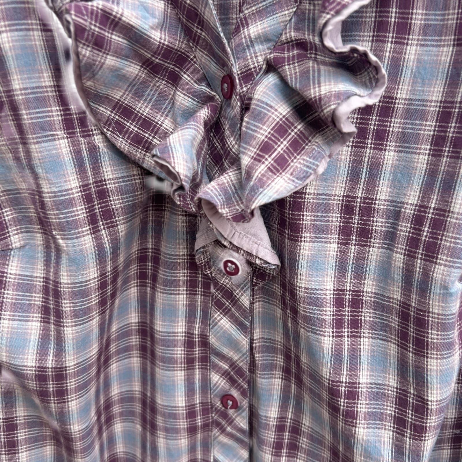 Laura Kent Bluse Damen Gr 46 Kariert 100% Baumwolle Langarm Lila Blau Rüschen