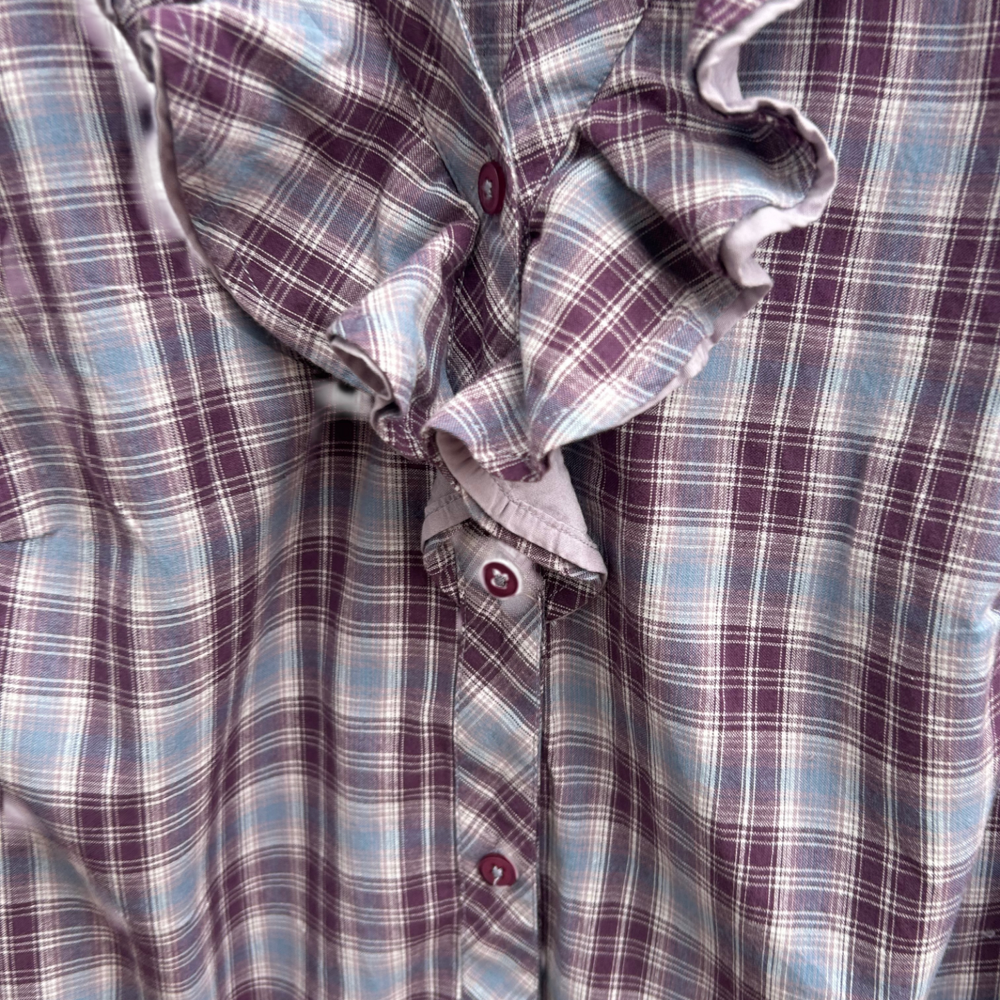 Laura Kent Bluse Damen Gr 46 Kariert 100% Baumwolle Langarm Lila Blau Rüschen