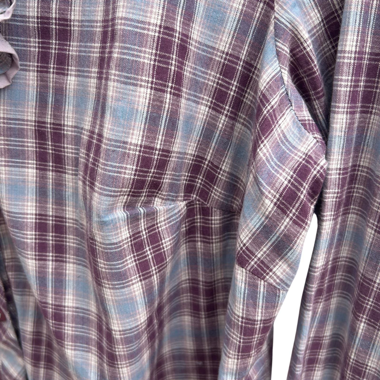 Laura Kent Bluse Damen Gr 46 Kariert 100% Baumwolle Langarm Lila Blau Rüschen