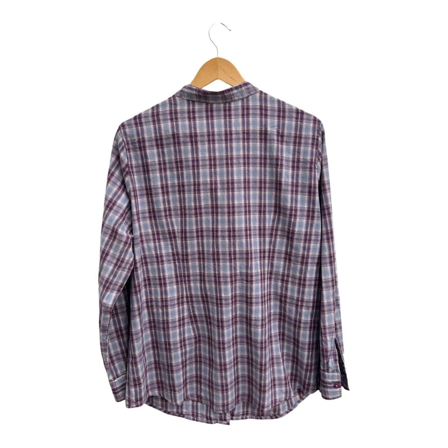 Laura Kent Bluse Damen Gr 46 Kariert 100% Baumwolle Langarm Lila Blau Rüschen