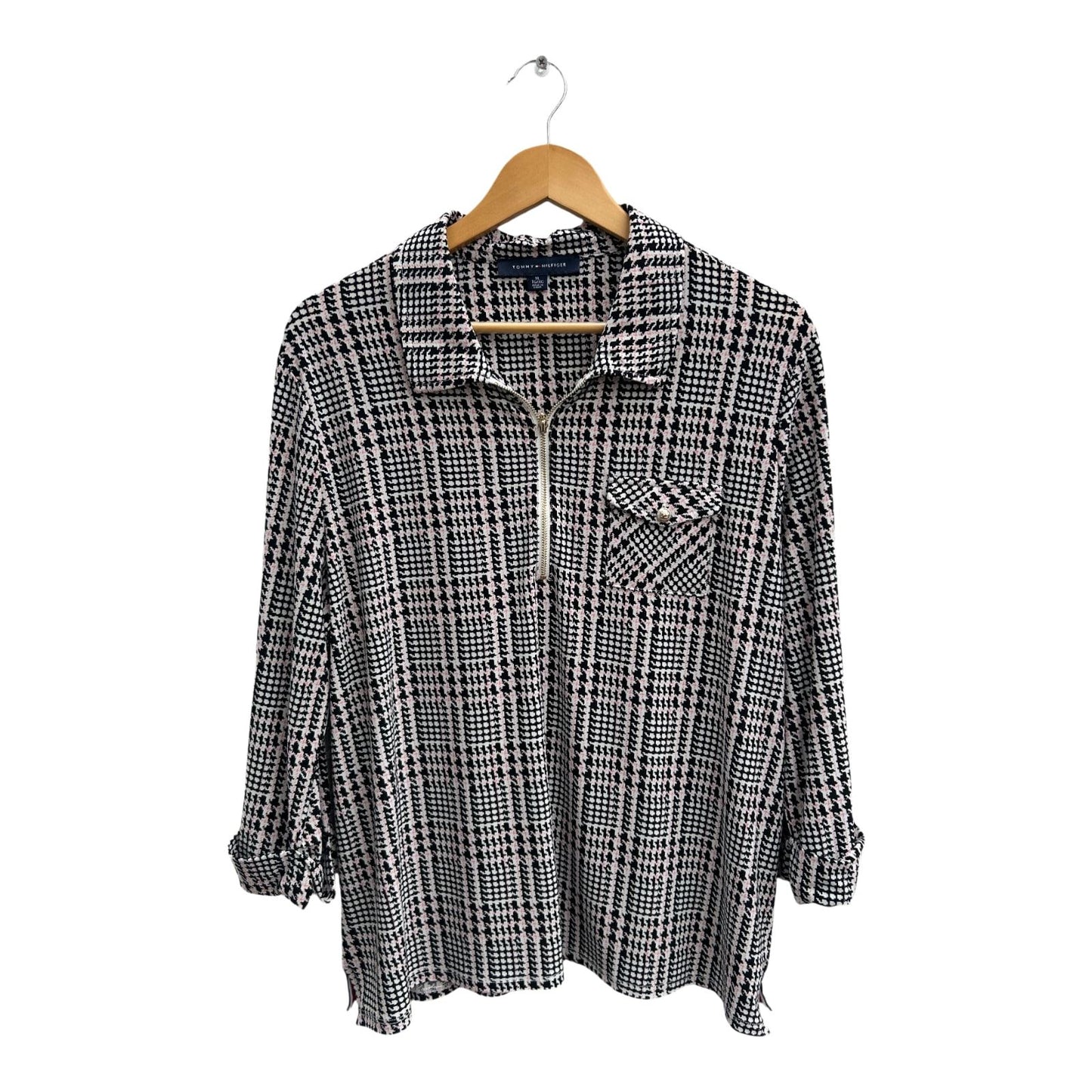 Tommy Hilfiger Bluse Damen Gr XL Schwarz Weiß Rosa Muster 3/4 Arm Elegant Stretch