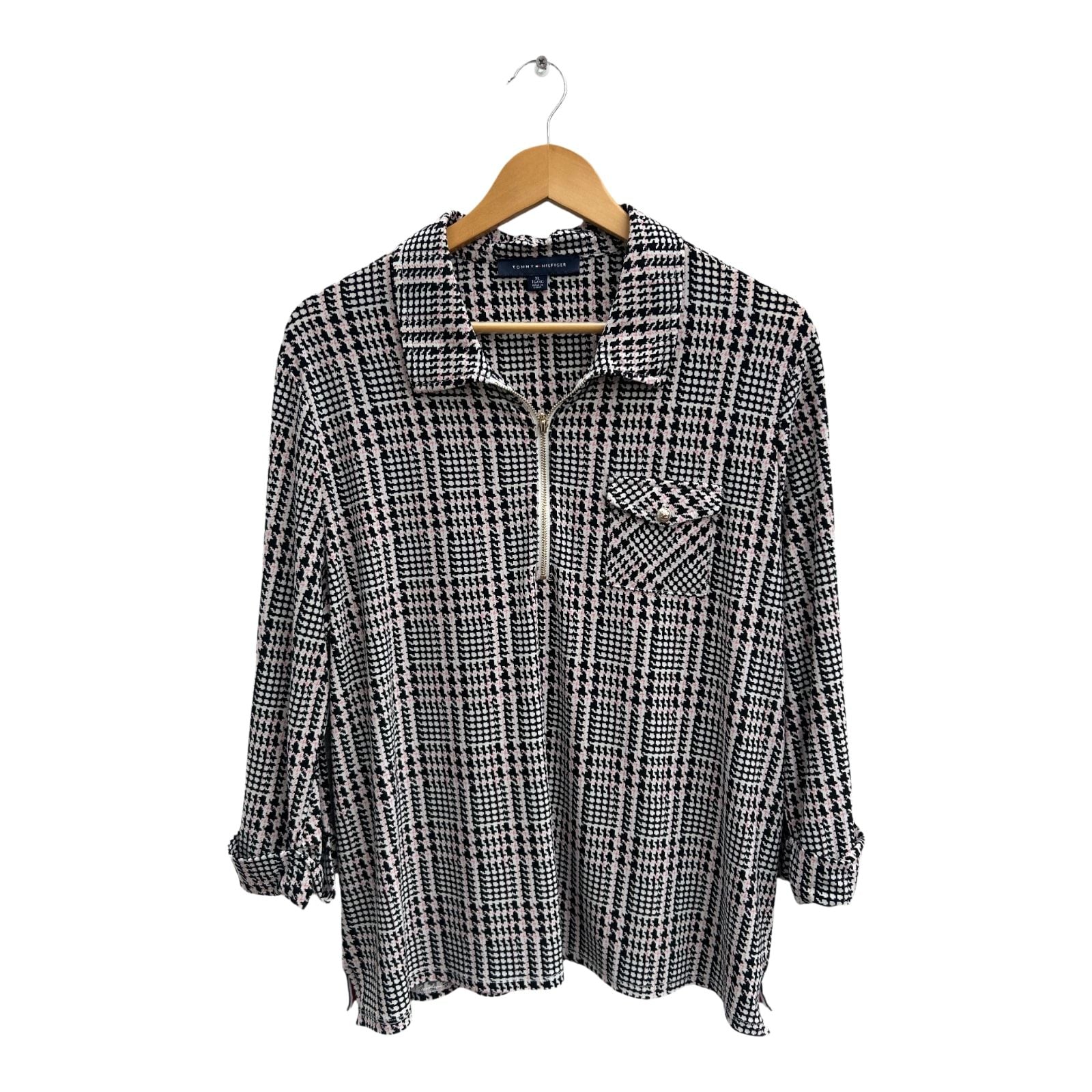 Tommy Hilfiger Bluse Damen Gr XL Schwarz Weiß Rosa Muster 3/4 Arm Elegant Stretch