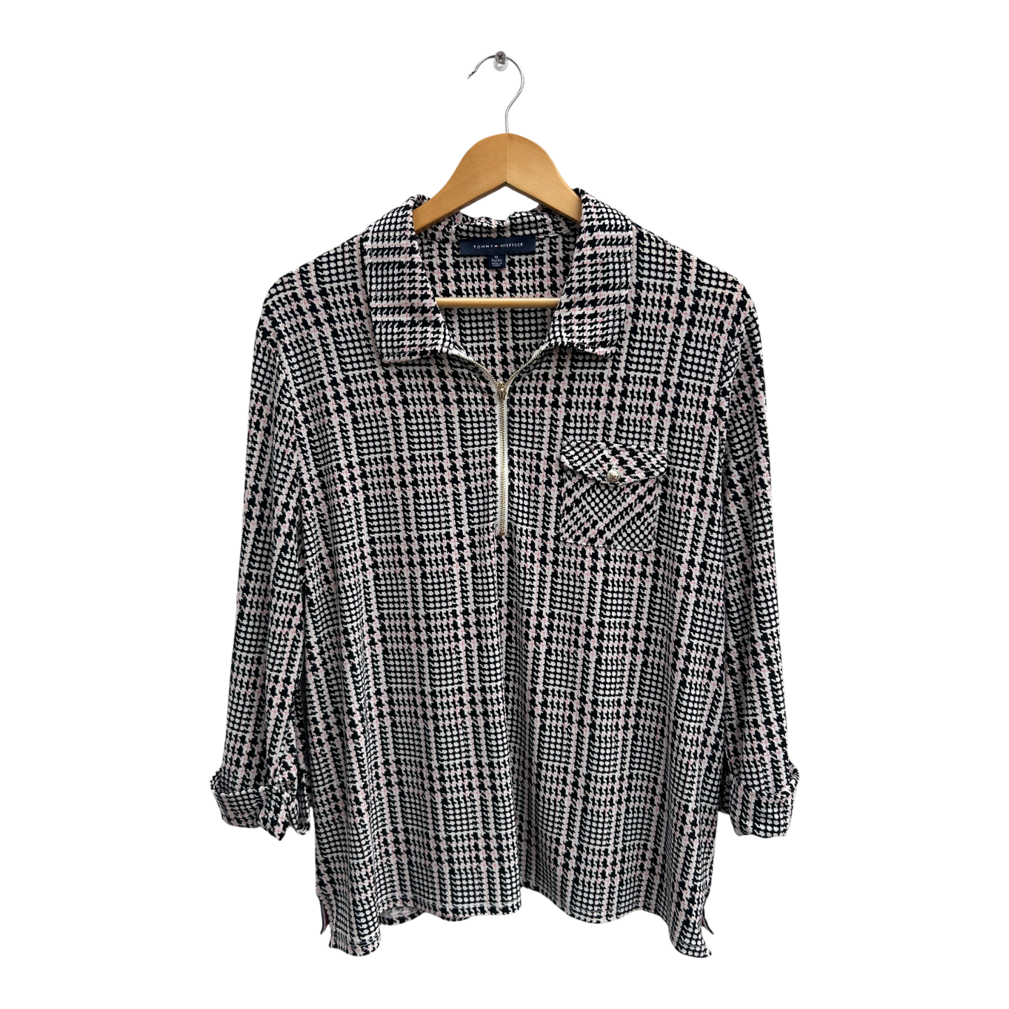 Tommy Hilfiger Bluse Damen Gr XL Schwarz Weiß Rosa Muster 3/4 Arm Elegant Stretch