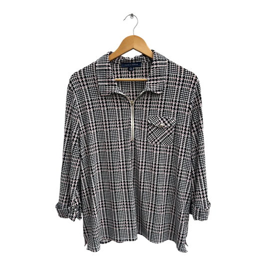 Tommy Hilfiger Bluse Damen Gr XL Schwarz Weiß Rosa Muster 3/4 Arm Elegant Stretch