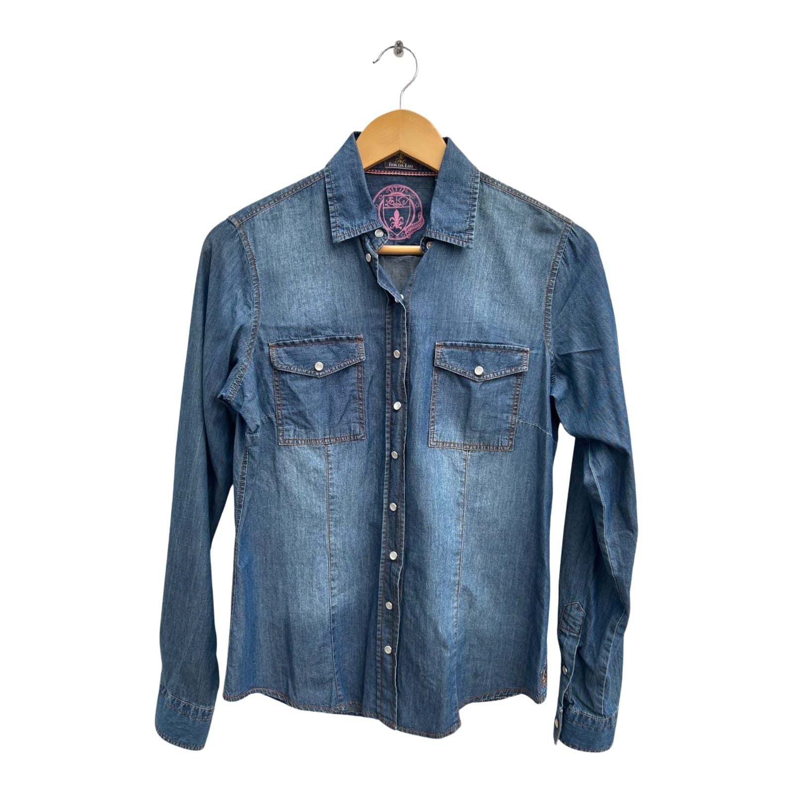 Fior da Liso Jeansbluse Damen Gr 34 Modell Jessi Strass 100% Baumwolle Elegant Blau