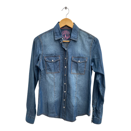 Fior da Liso Jeansbluse Damen Gr 34 Modell Jessi Strass 100% Baumwolle Elegant Blau