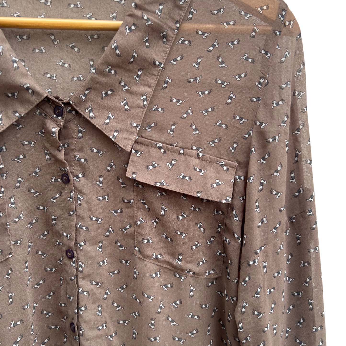 Blue Bird Bluse Damen Gr L Braun Transparent Krempelärmel 100% Polyester Pferde