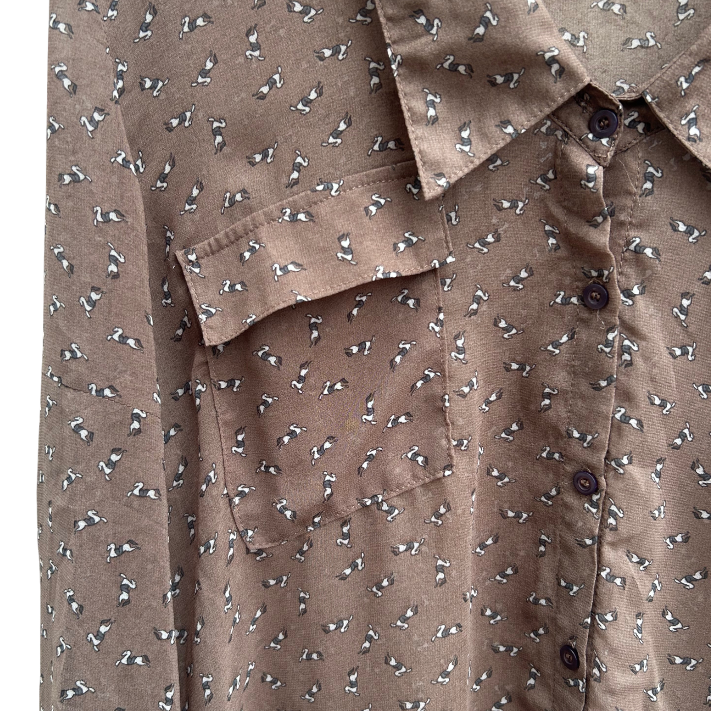 Blue Bird Bluse Damen Gr L Braun Transparent Krempelärmel 100% Polyester Pferde