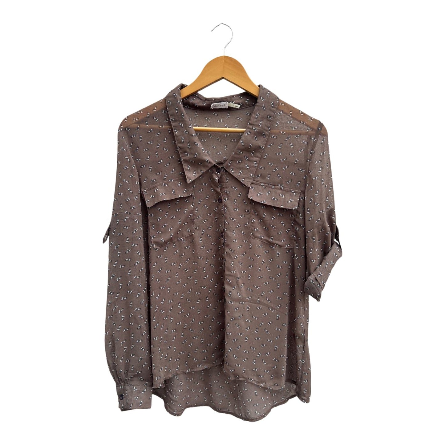 Blue Bird Bluse Damen Gr L Braun Transparent Krempelärmel 100% Polyester Pferde