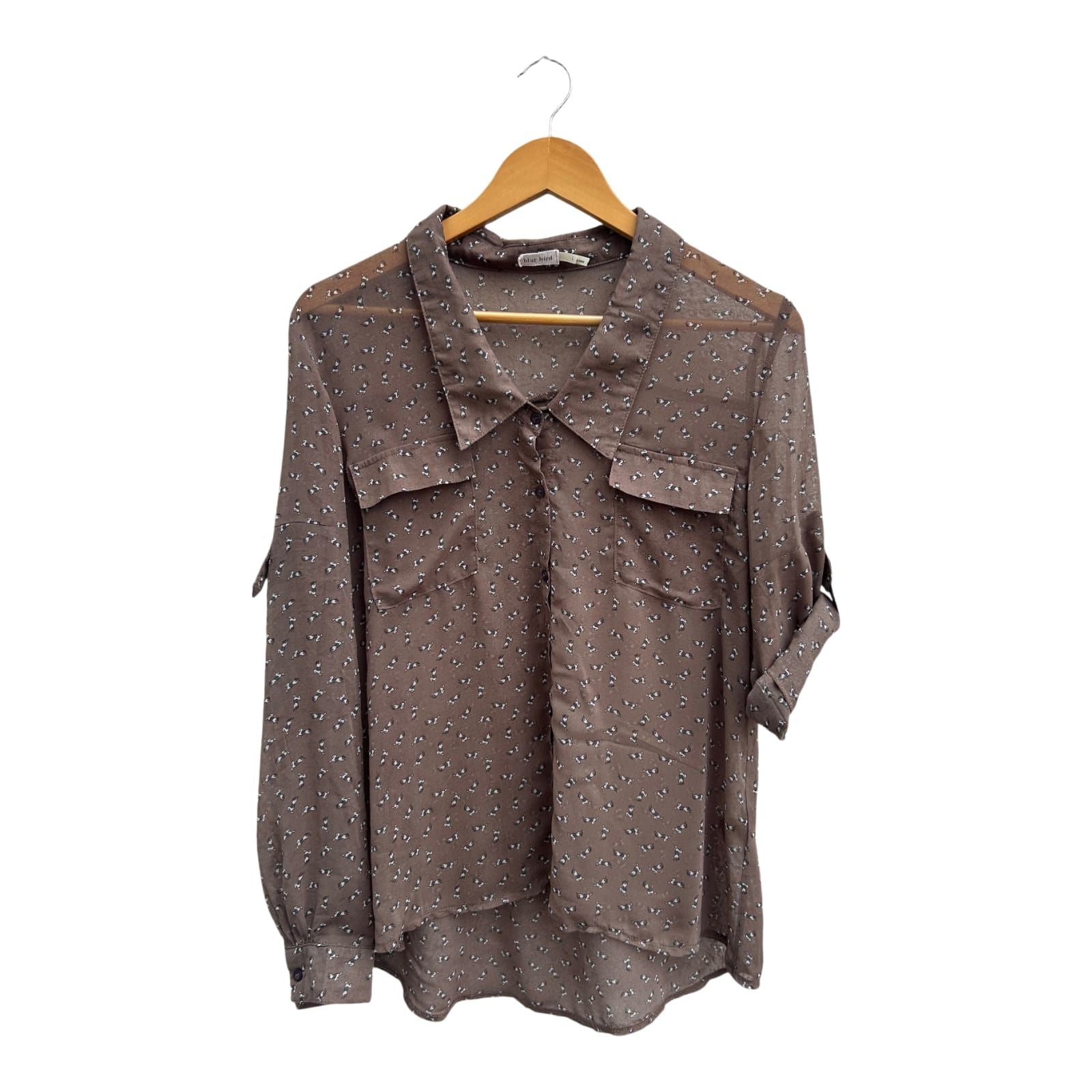Blue Bird Bluse Damen Gr L Braun Transparent Krempelärmel 100% Polyester Pferde