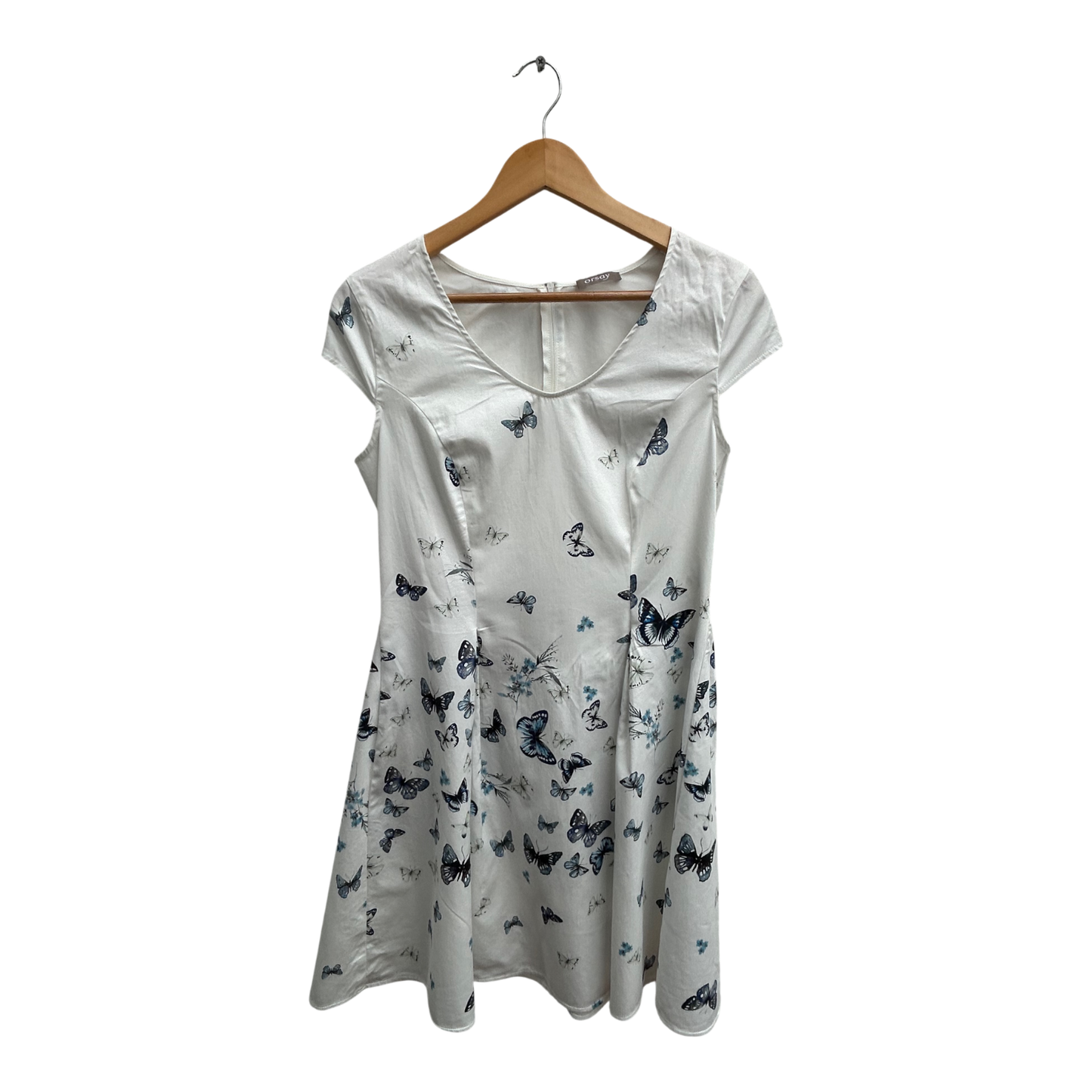 Orsay Kleid Damen Gr 42 Weiß Blau Schmetterlinge Baumwolle Elegant Sommerkleid