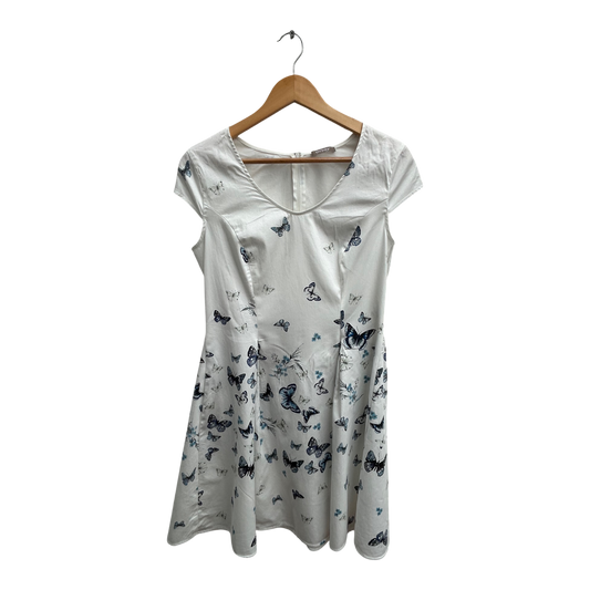 Orsay Kleid Damen Gr 42 Weiß Blau Schmetterlinge Baumwolle Elegant Sommerkleid