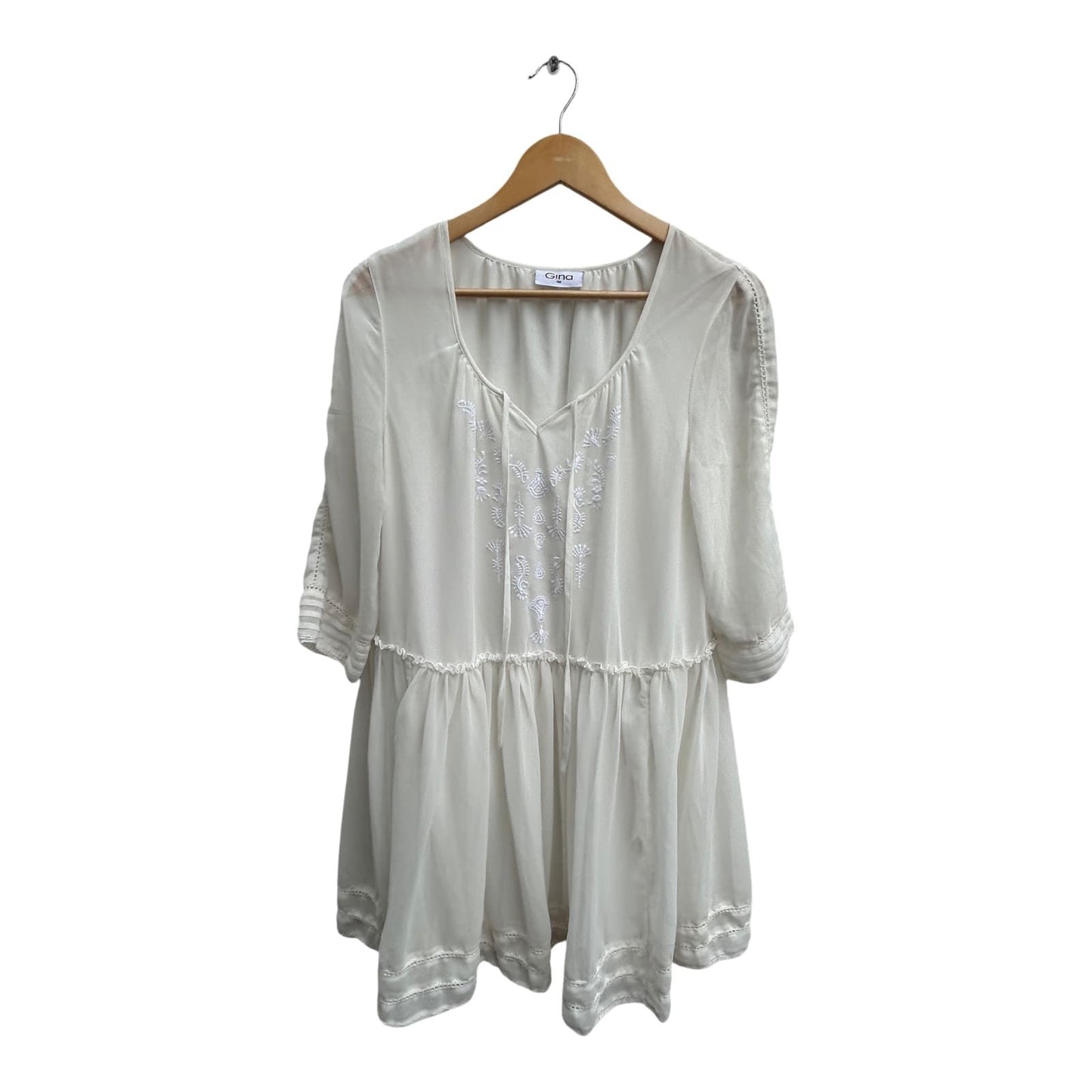 Gina Tunika Damen Gr 40 Creme Weiß Stickerei Boho Sommer Bluse Elegant Chiffon