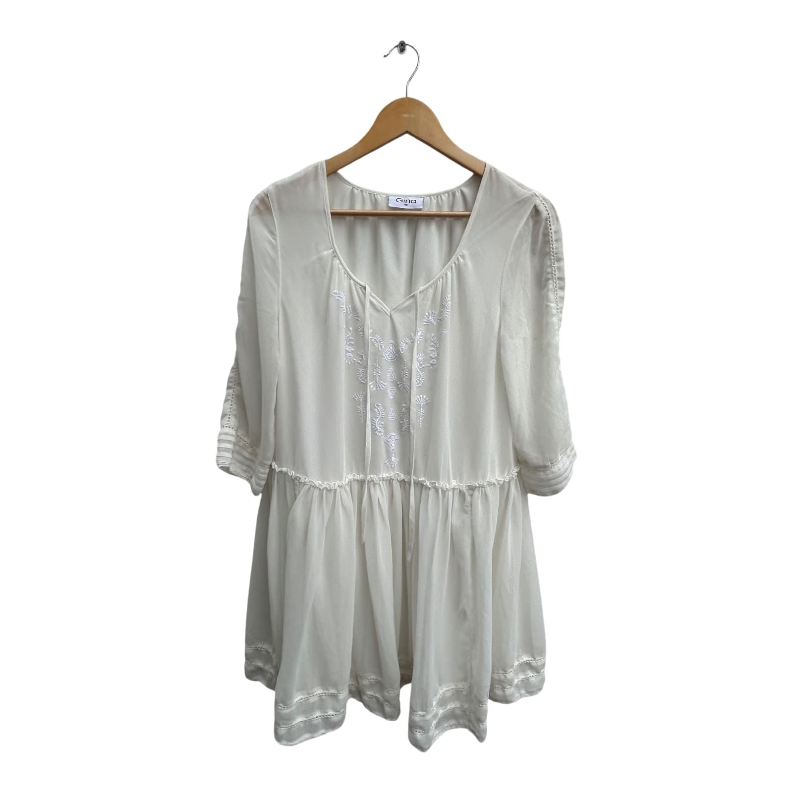 Gina Tunika Damen Gr 40 Creme Weiß Stickerei Boho Sommer Bluse Elegant Chiffon