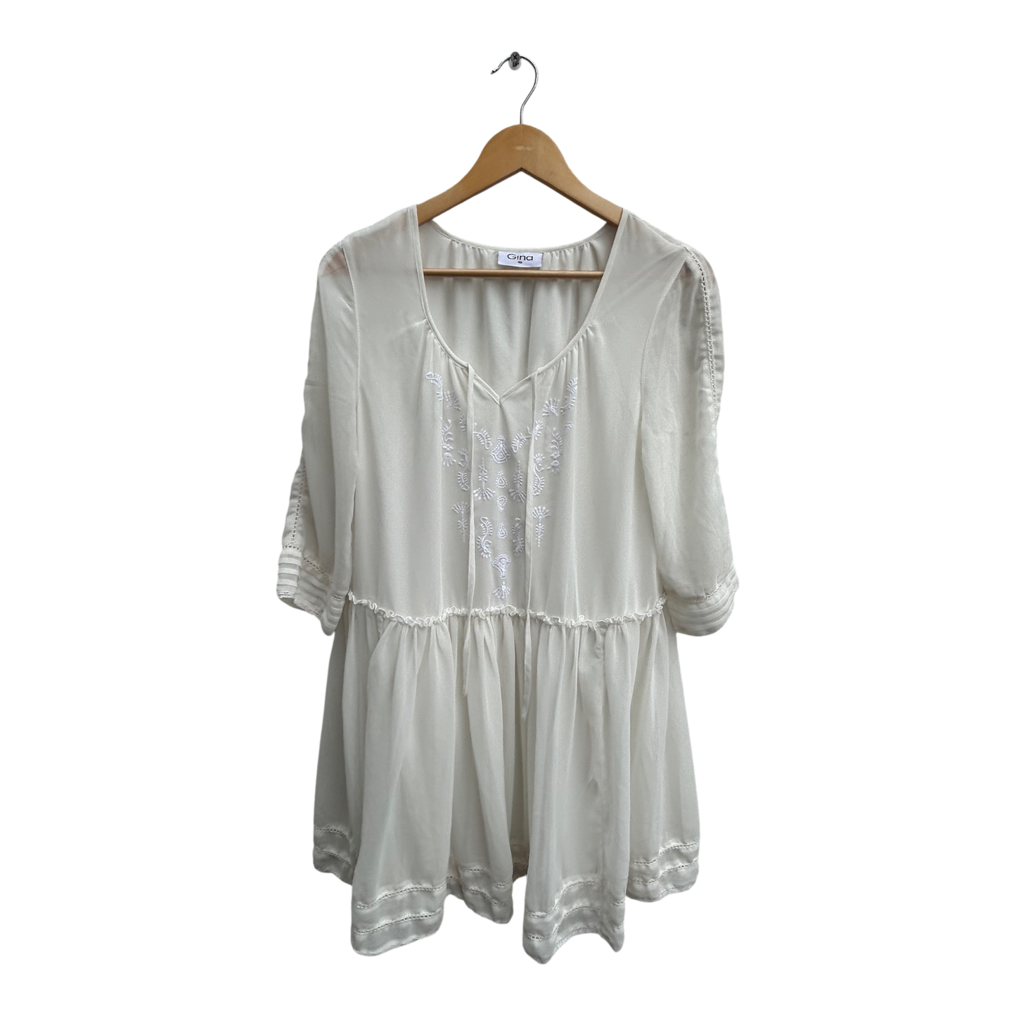Gina Tunika Damen Gr 40 Creme Weiß Stickerei Boho Sommer Bluse Elegant Chiffon