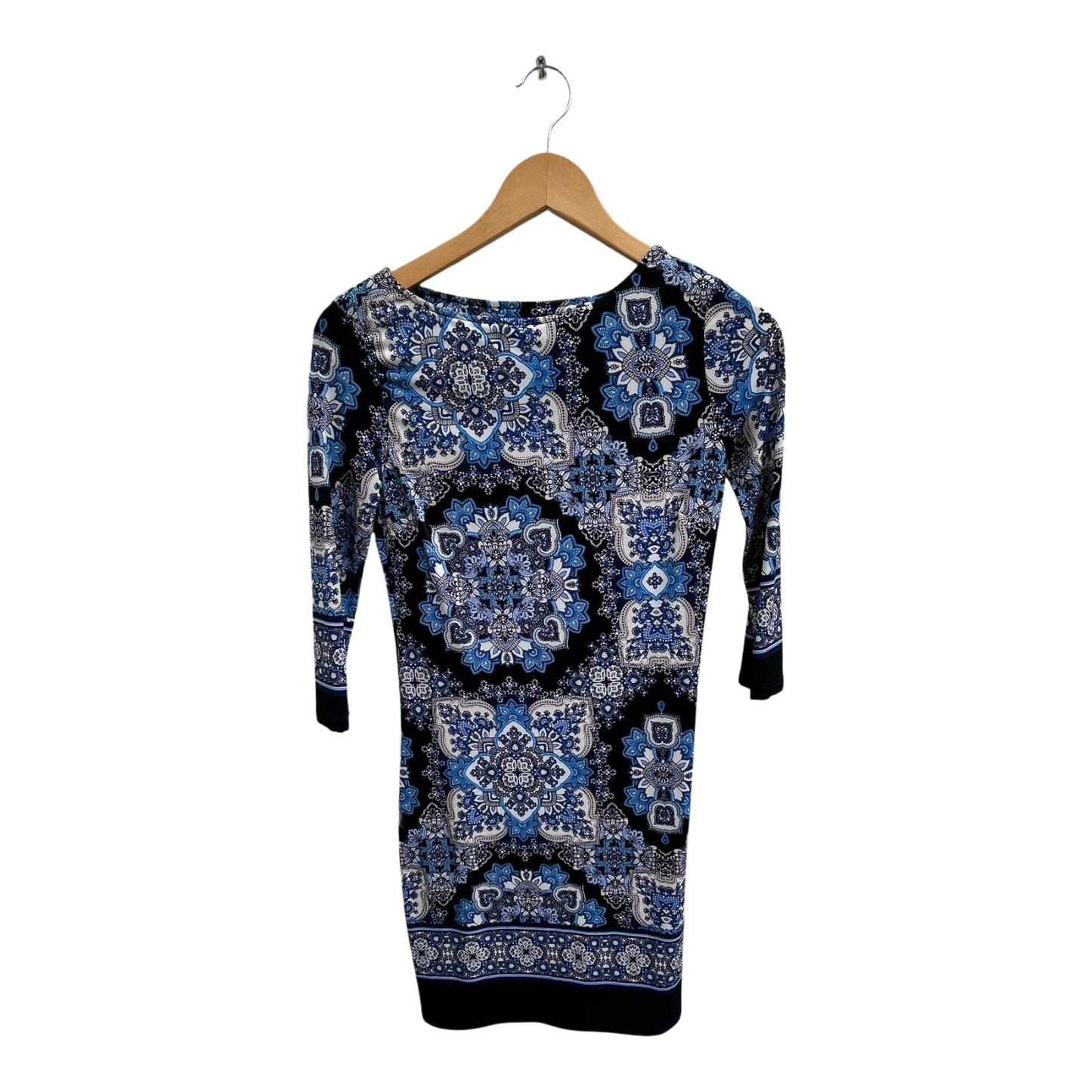 Atmosphere Kleid Damen Gr 36 Blau Schwarz Muster Stretch Elegant 3/4 Arm Mini