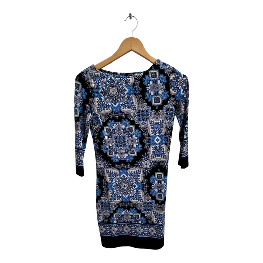 Atmosphere Kleid Damen Gr 36 Blau Schwarz Muster Stretch Elegant 3/4 Arm Mini