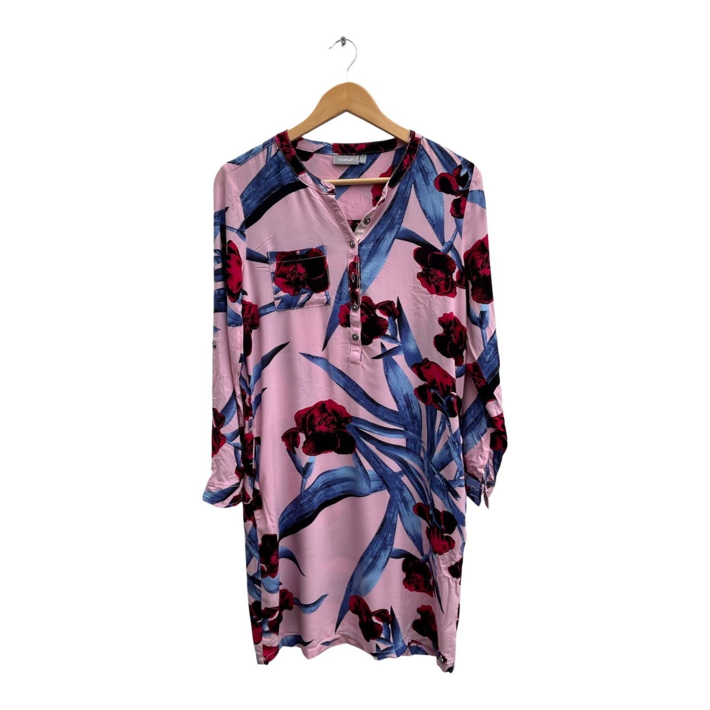 Fransa Kleid Damen Gr S Rosa Blau Blumenmuster Viskose Langarm Knopfleiste Gürtel