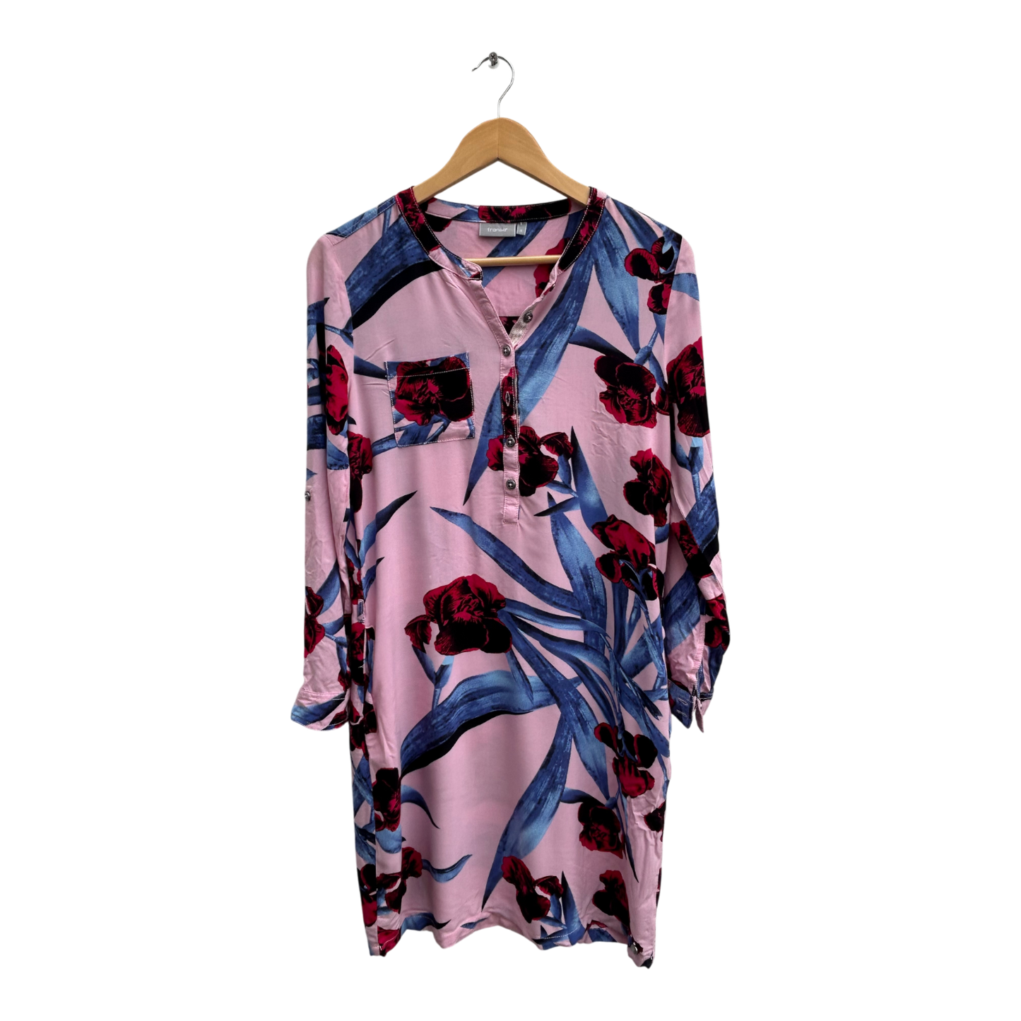 Fransa Kleid Damen Gr S Rosa Blau Blumenmuster Viskose Langarm Knopfleiste Gürtel