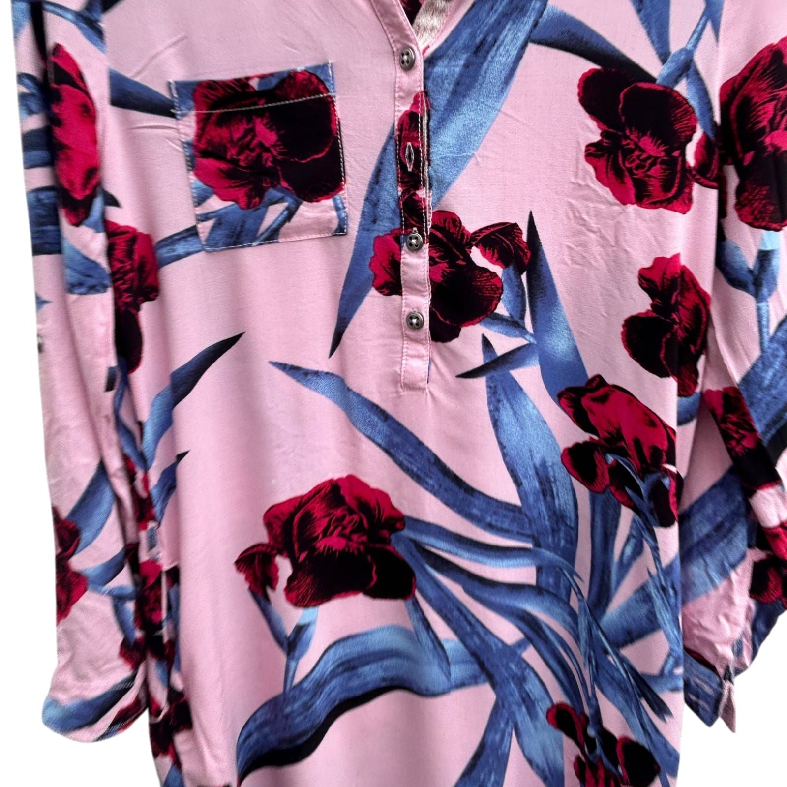 Fransa Kleid Damen Gr S Rosa Blau Blumenmuster Viskose Langarm Knopfleiste Gürtel