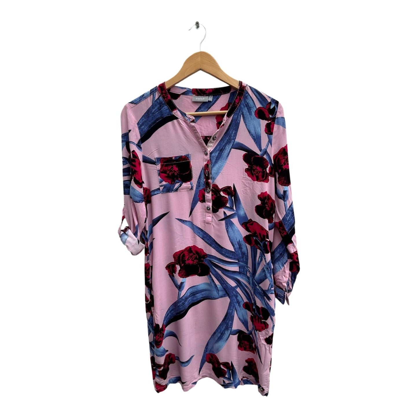 Fransa Kleid Damen Gr S Rosa Blau Blumenmuster Viskose Langarm Knopfleiste Gürtel