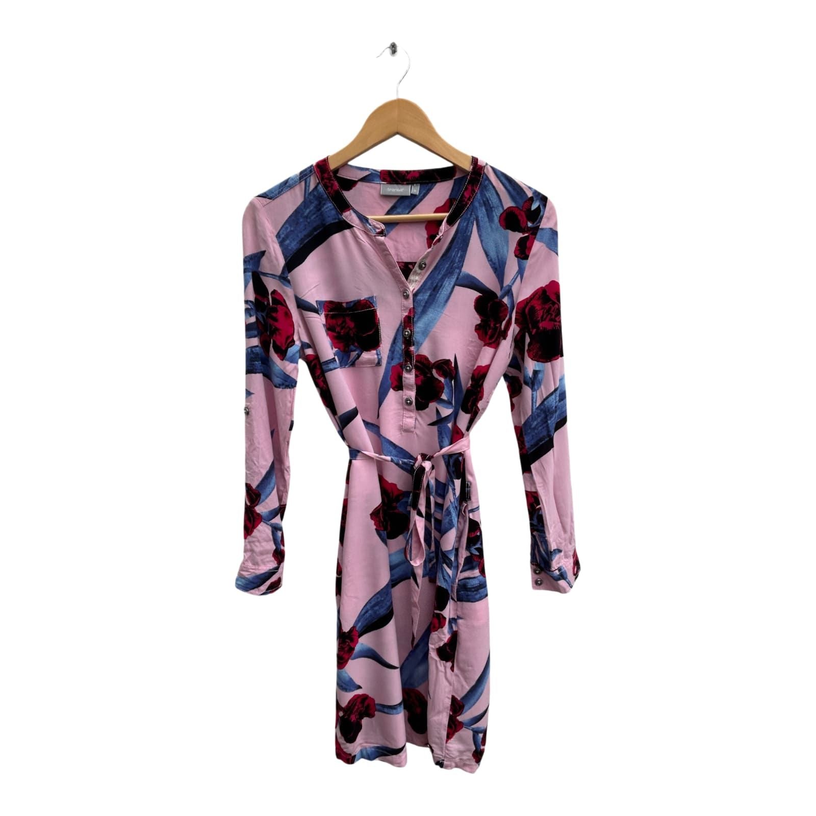 Fransa Kleid Damen Gr S Rosa Blau Blumenmuster Viskose Langarm Knopfleiste Gürtel