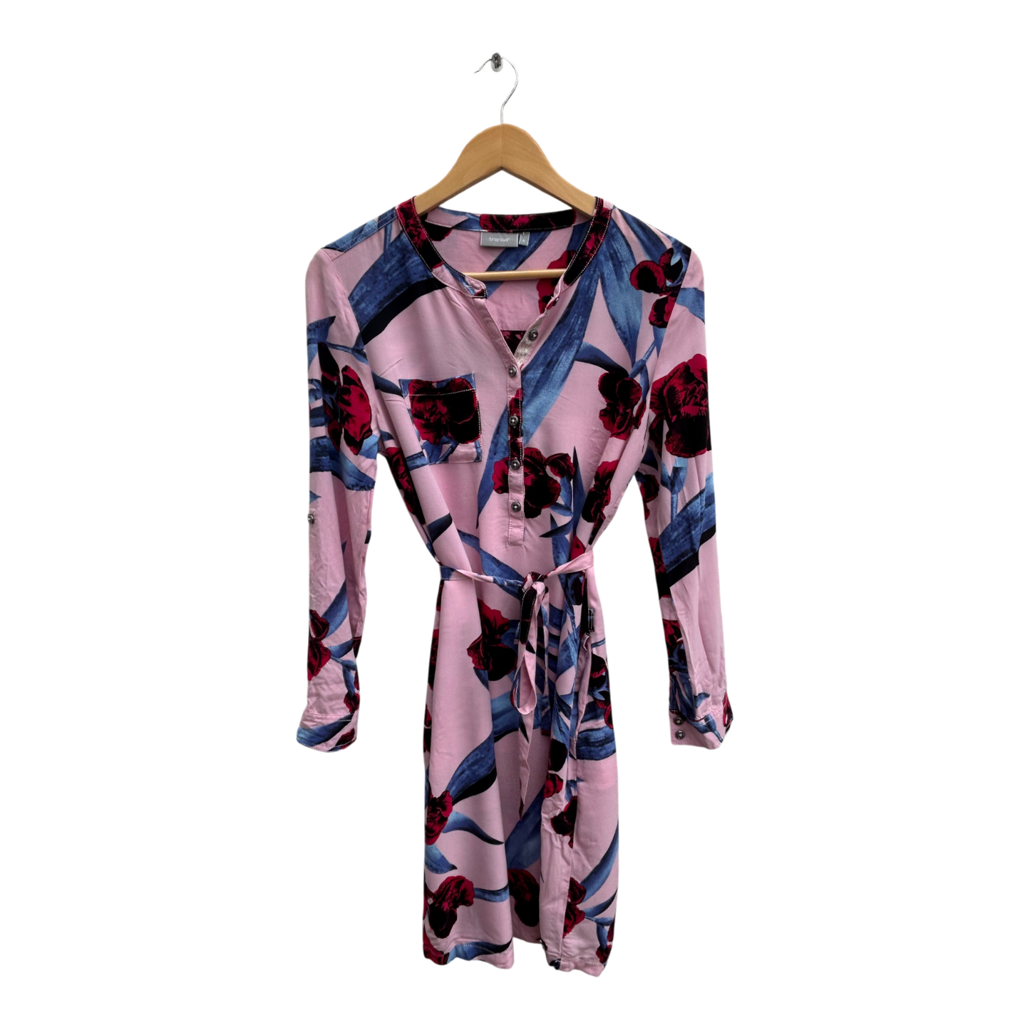 Fransa Kleid Damen Gr S Rosa Blau Blumenmuster Viskose Langarm Knopfleiste Gürtel