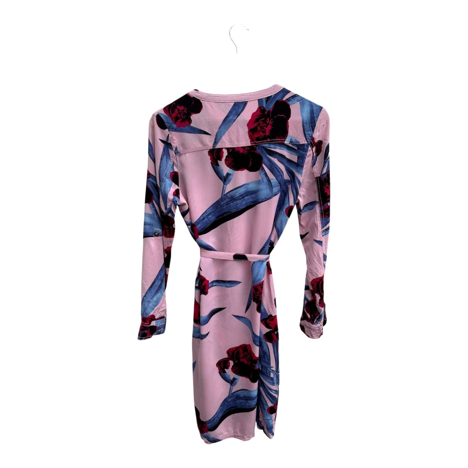 Fransa Kleid Damen Gr S Rosa Blau Blumenmuster Viskose Langarm Knopfleiste Gürtel