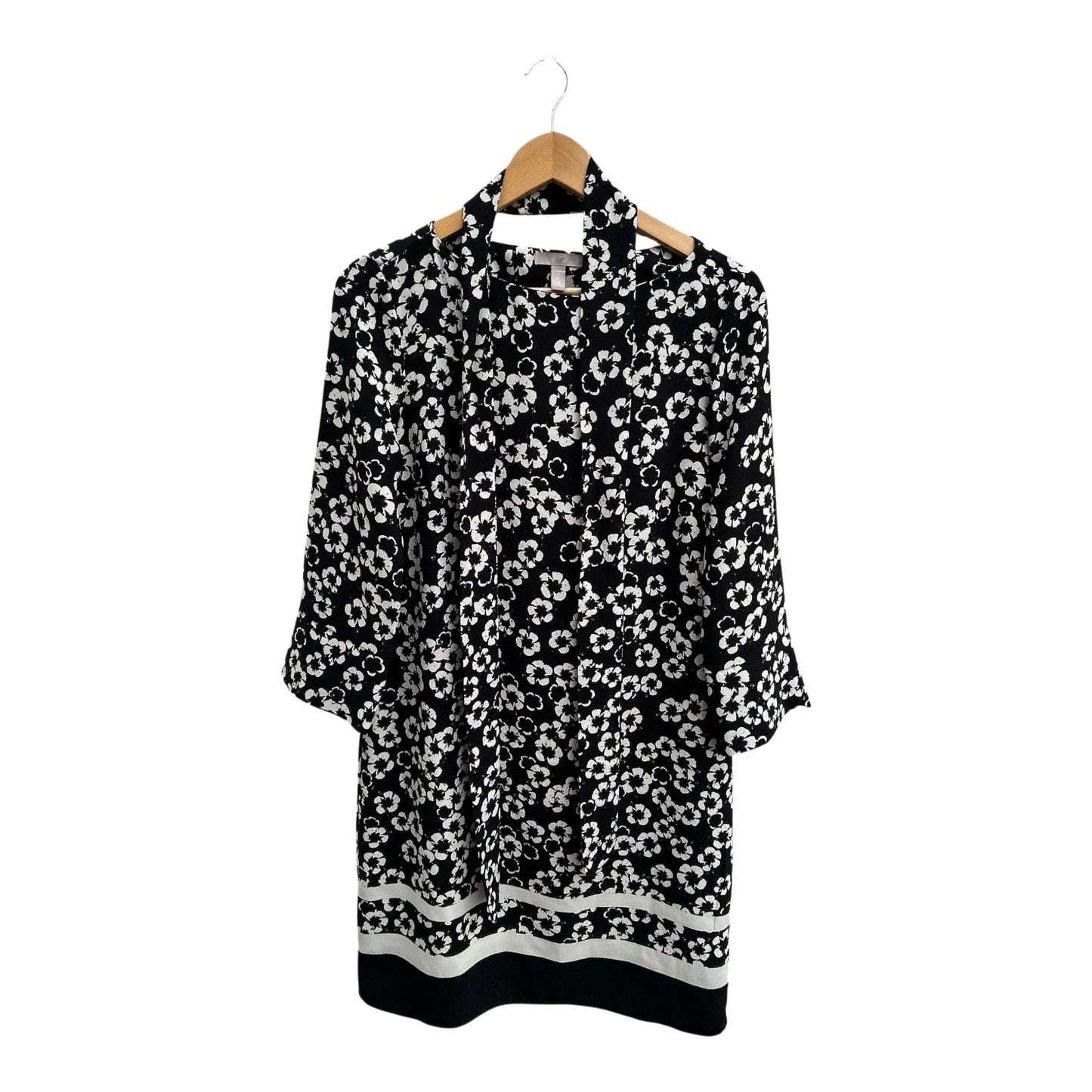 H&M Kleid Damen Gr 38 Schwarz Weiss Blumen Bindegürtel Elegant Klassisch Knielang
