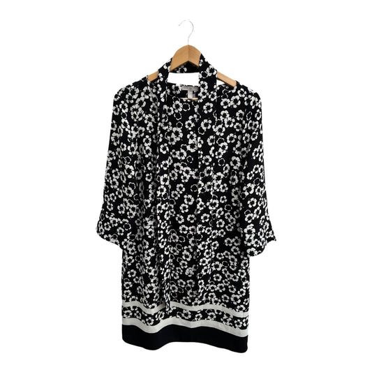 H&M Kleid Damen Gr 38 Schwarz Weiss Blumen Bindegürtel Elegant Klassisch Knielang