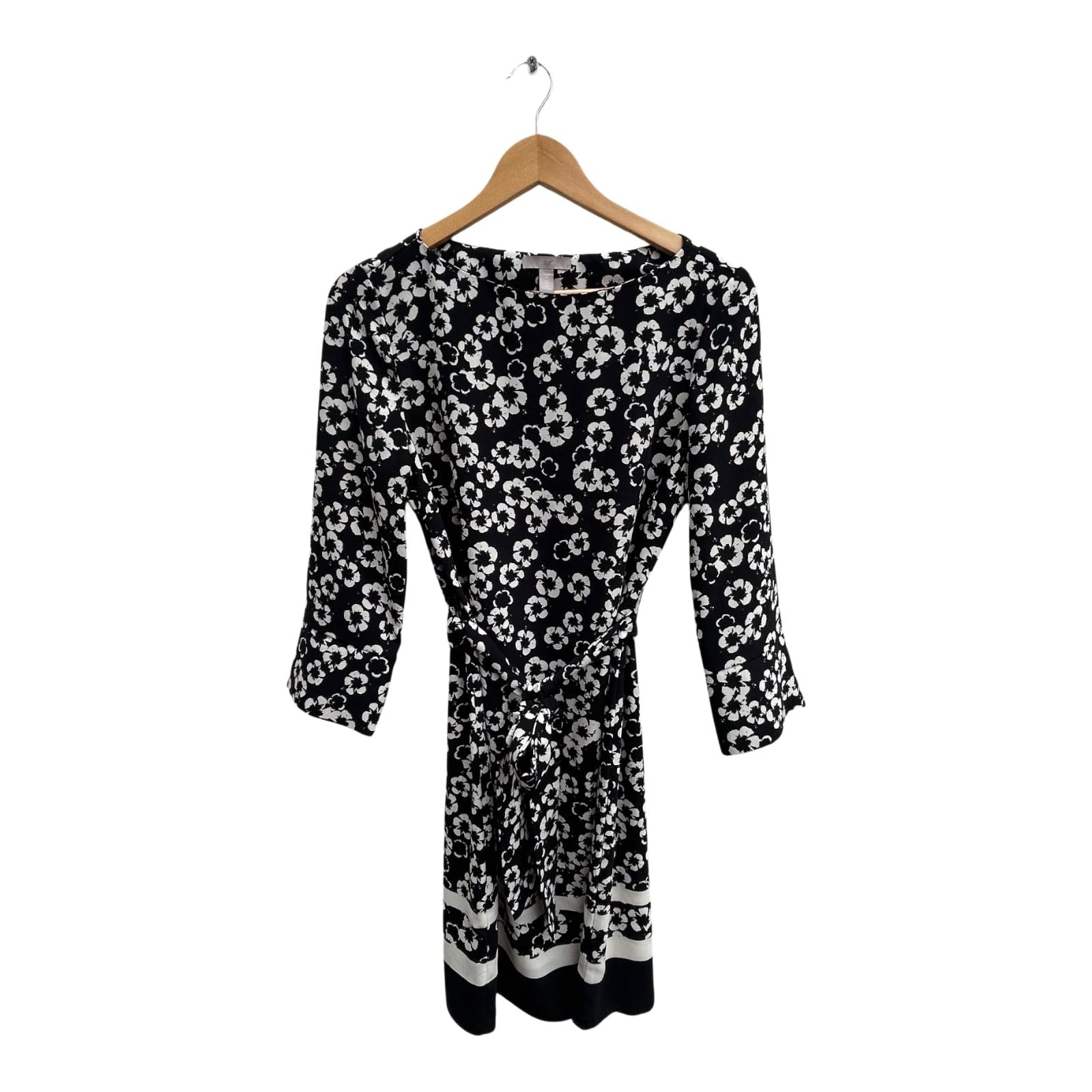 H&M Kleid Damen Gr 38 Schwarz Weiss Blumen Bindegürtel Elegant Klassisch Knielang