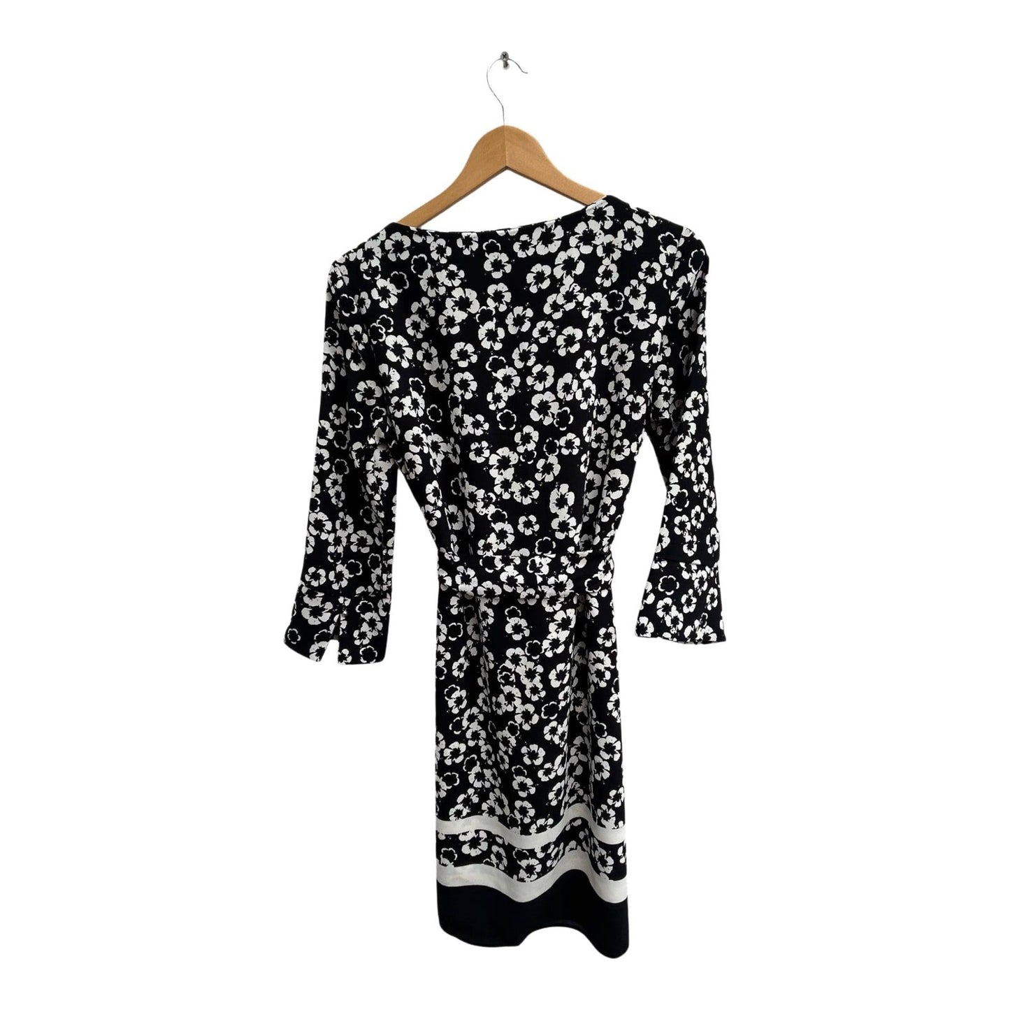 H&M Kleid Damen Gr 38 Schwarz Weiss Blumen Bindegürtel Elegant Klassisch Knielang