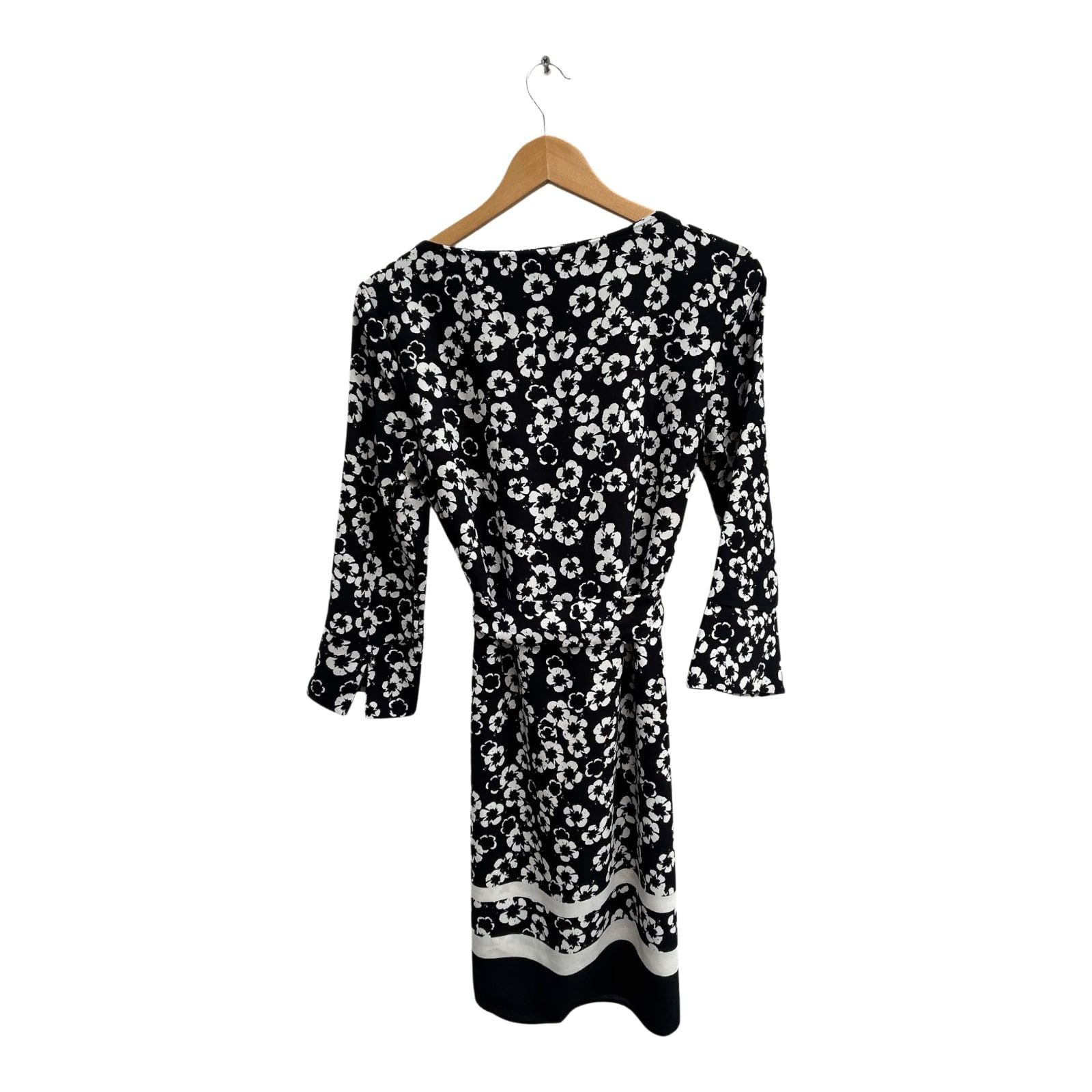 H&M Kleid Damen Gr 38 Schwarz Weiss Blumen Bindegürtel Elegant Klassisch Knielang