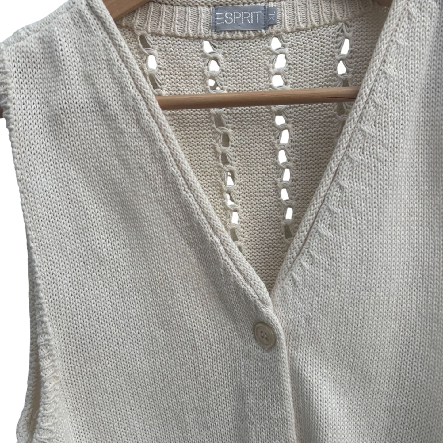 Esprit Weste Damen Gr XL Weiß Strick Baumwolle Ärmellos Knöpfe Vintage Sommer