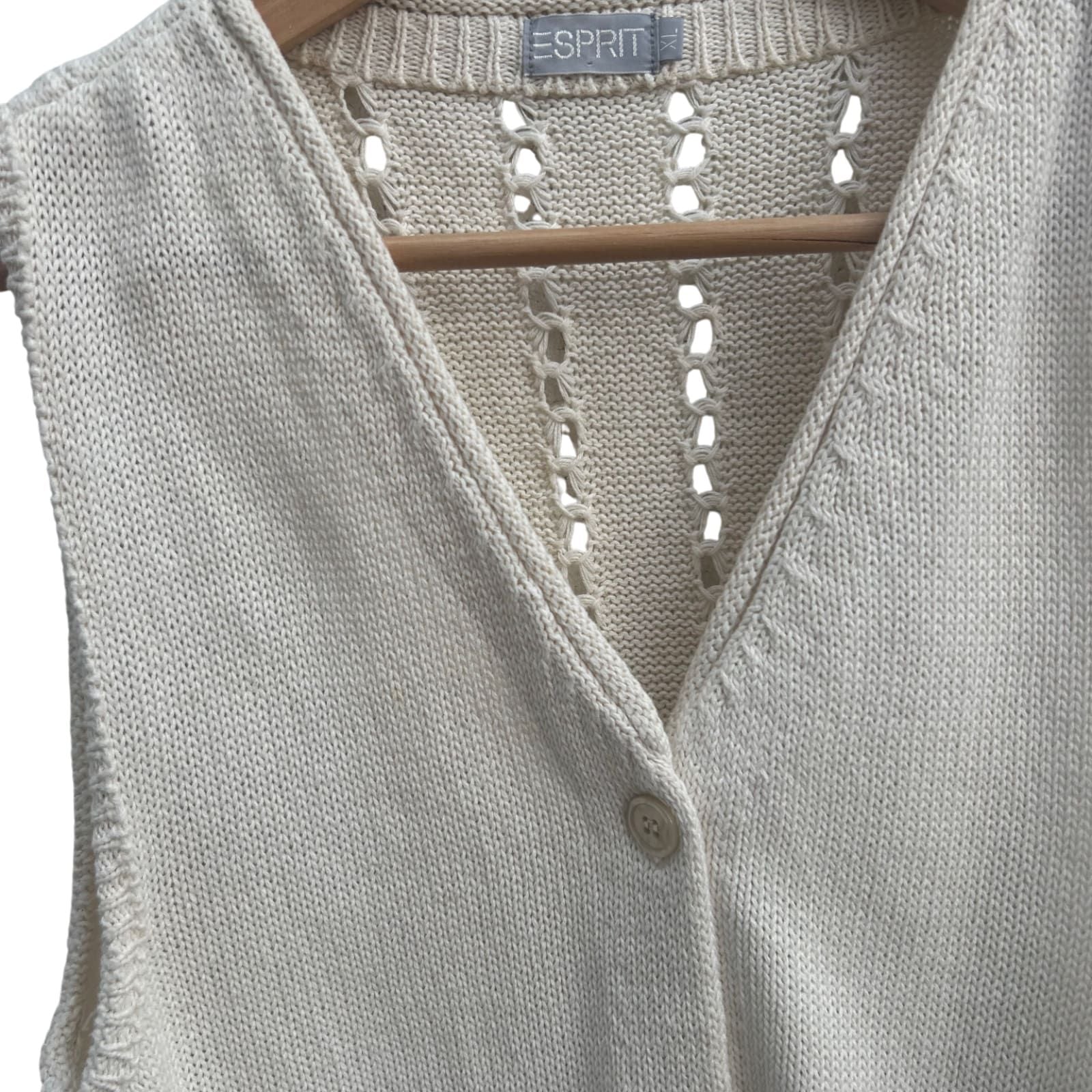 Esprit Weste Damen Gr XL Weiß Strick Baumwolle Ärmellos Knöpfe Vintage Sommer