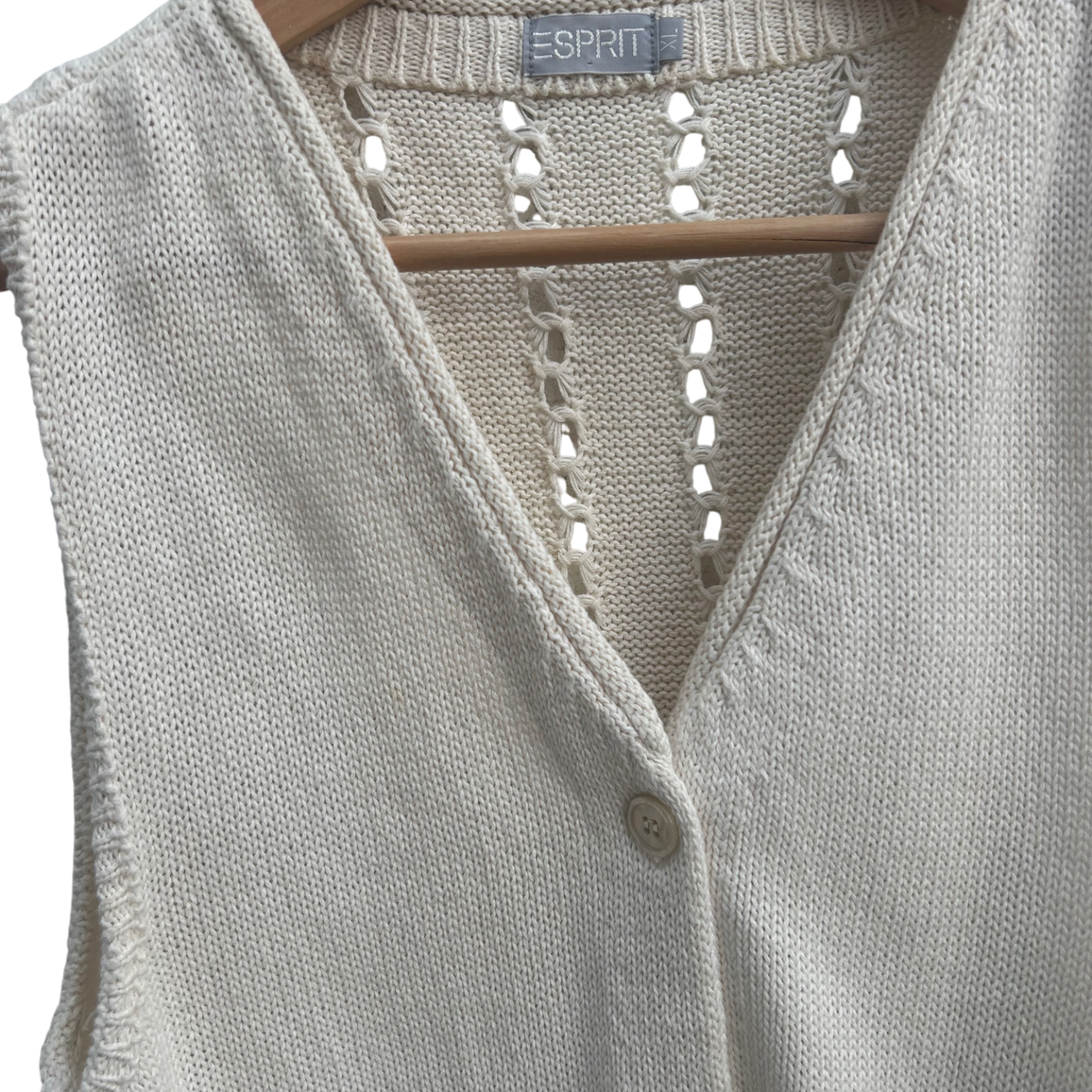 Esprit Weste Damen Gr XL Weiß Strick Baumwolle Ärmellos Knöpfe Vintage Sommer