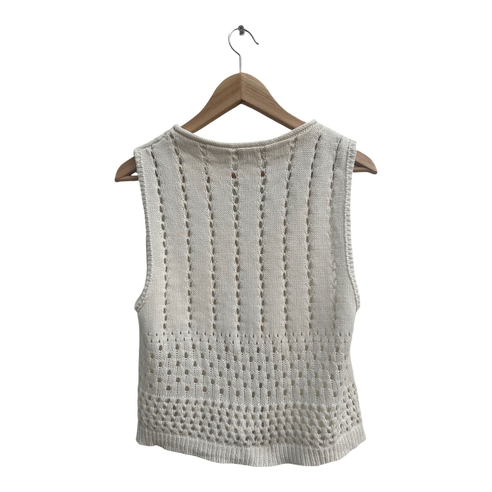 Esprit Weste Damen Gr XL Weiß Strick Baumwolle Ärmellos Knöpfe Vintage Sommer