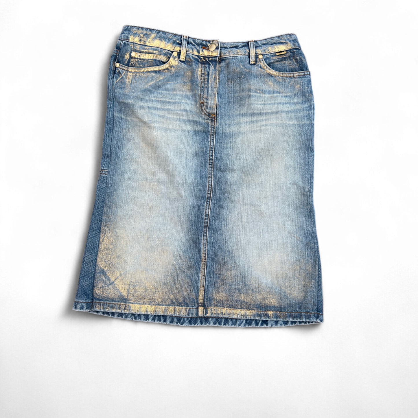 Escada Jeansrock Damen Gr 38 Hellblau Blau Goldakzente Baumwolle Made in Italy Klassisch