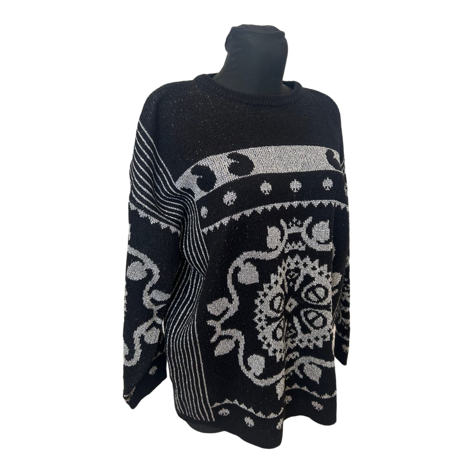 Lady Joy Damen Pullover Gr M Schwarz Silber Retro Muster Vintage Strick