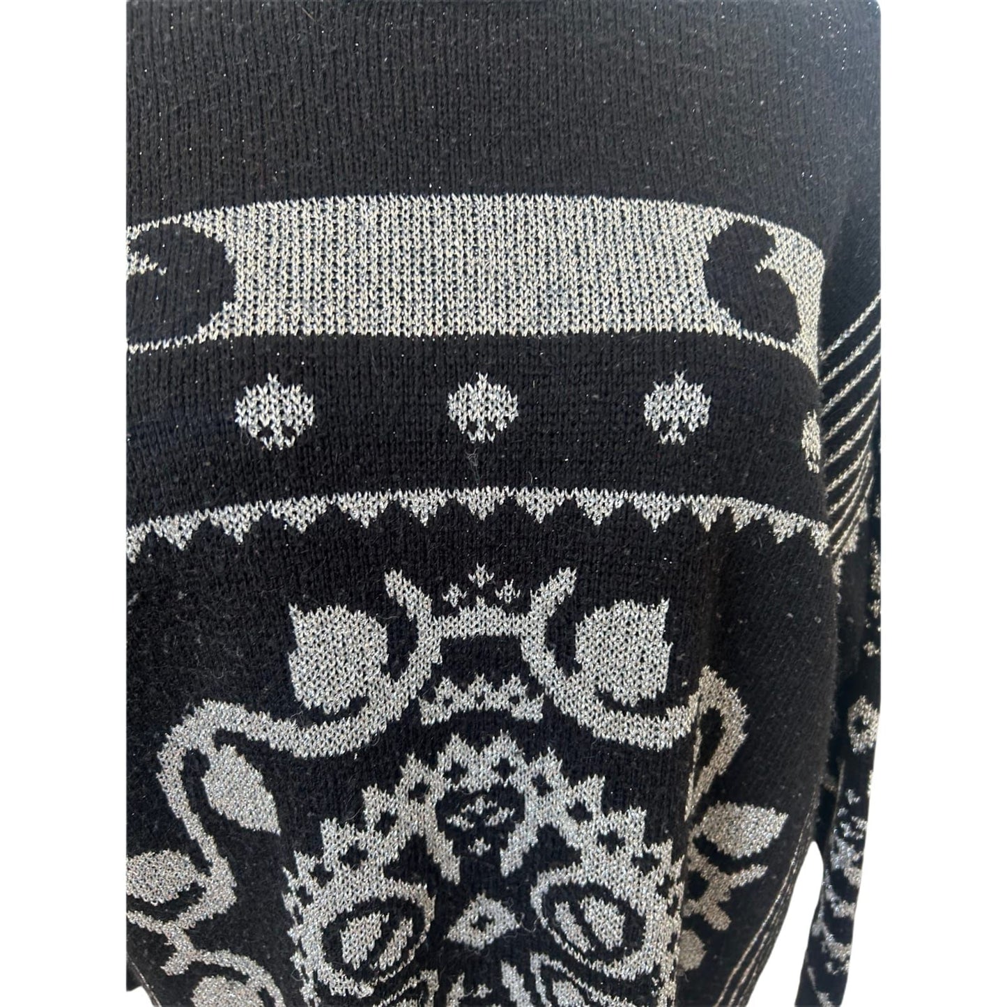 Lady Joy Damen Pullover Gr M Schwarz Silber Retro Muster Vintage Strick