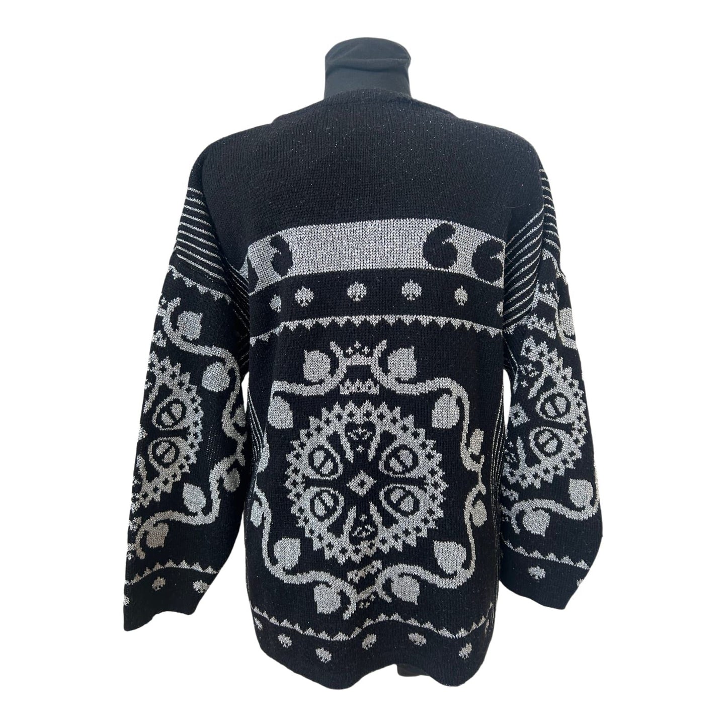 Lady Joy Damen Pullover Gr M Schwarz Silber Retro Muster Vintage Strick