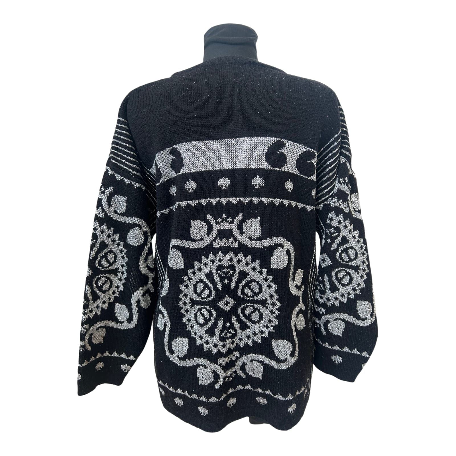 Lady Joy Damen Pullover Gr M Schwarz Silber Retro Muster Vintage Strick