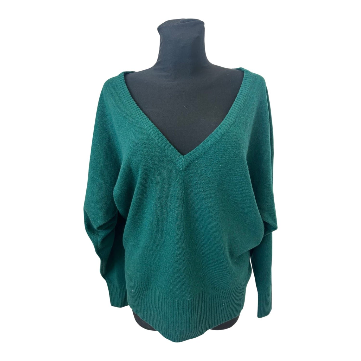 Damen Pullover Gr M Grün Lammwolle V-Ausschnitt Oversize Fledermaus