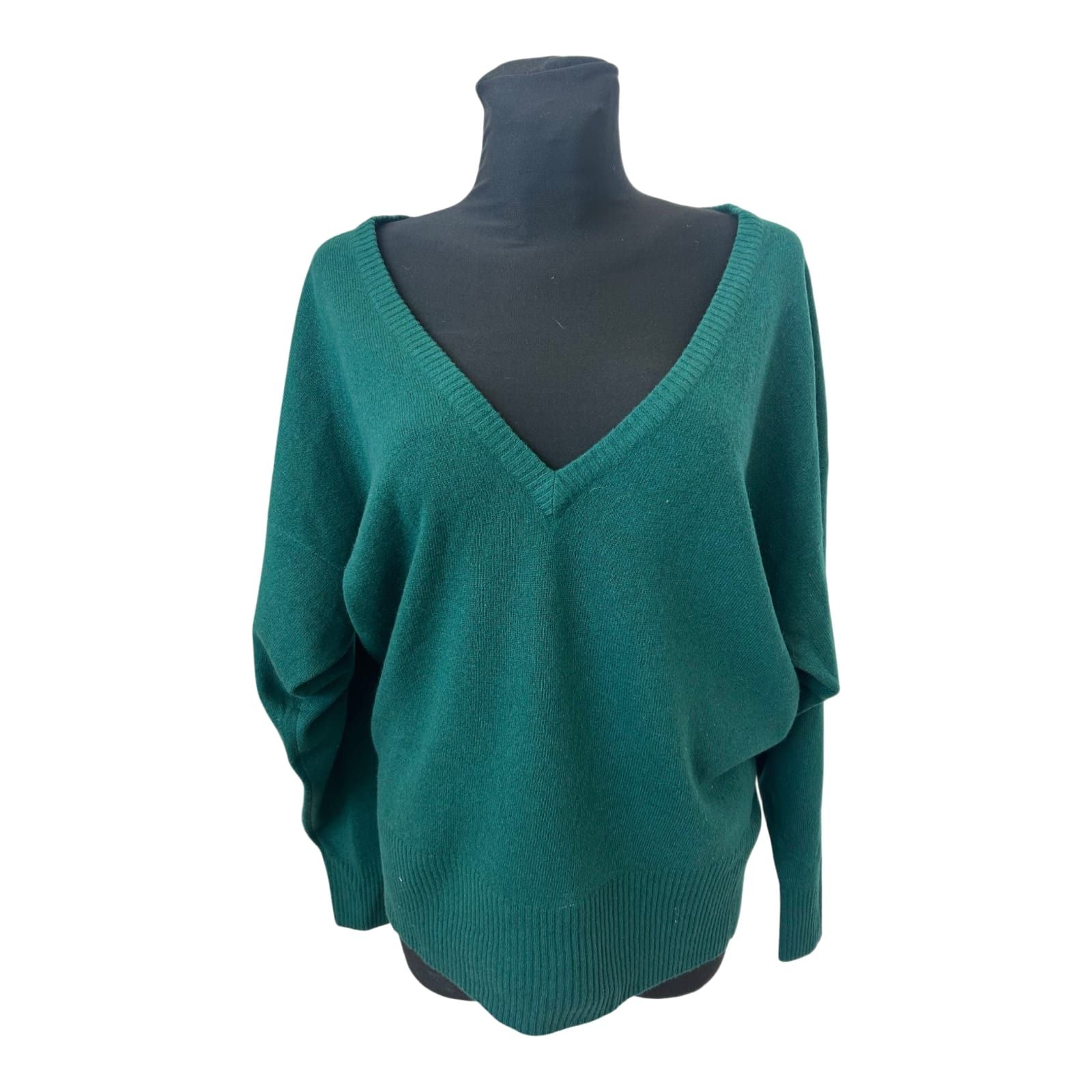 Damen Pullover Gr M Grün Lammwolle V-Ausschnitt Oversize Fledermaus