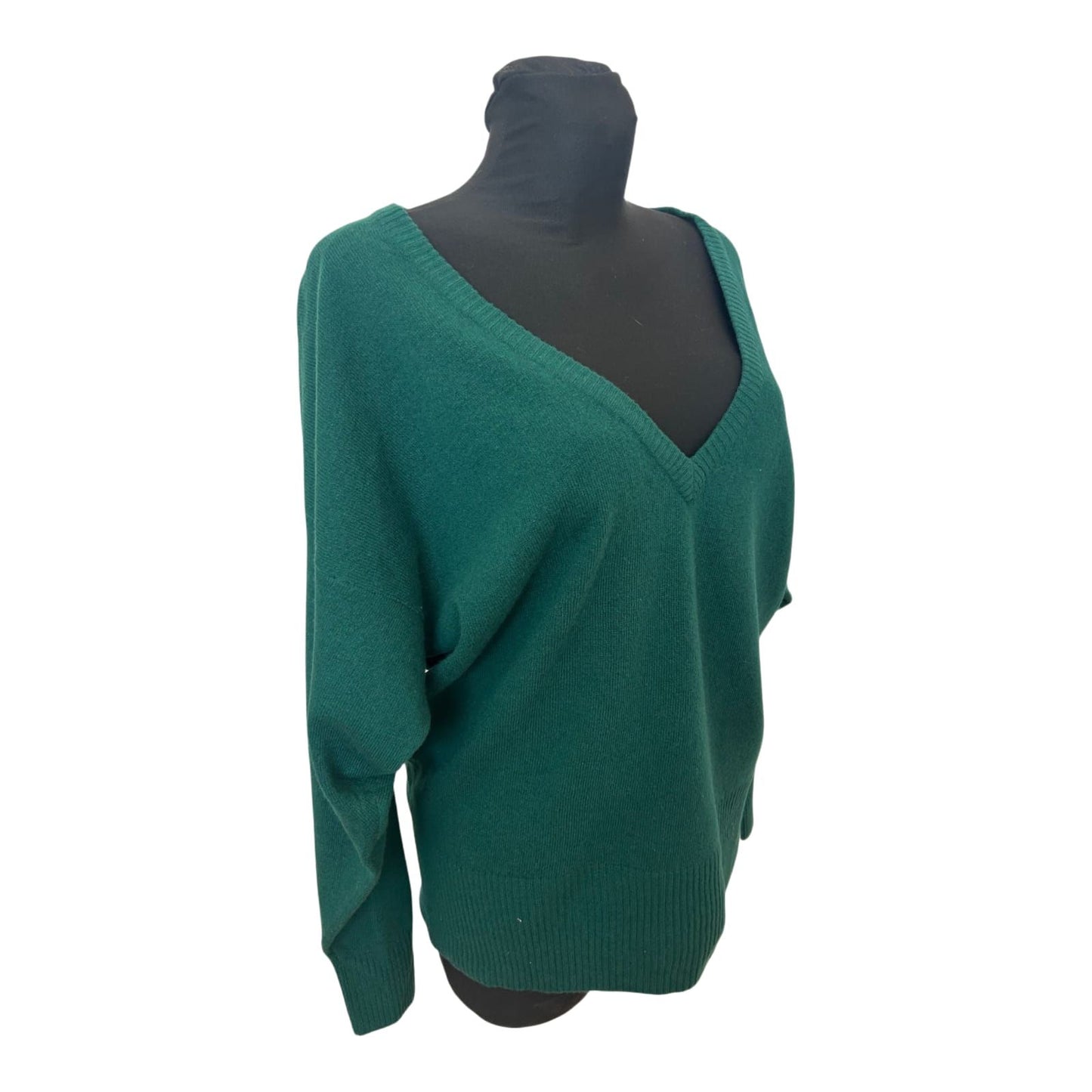 Damen Pullover Gr M Grün Lammwolle V-Ausschnitt Oversize Fledermaus