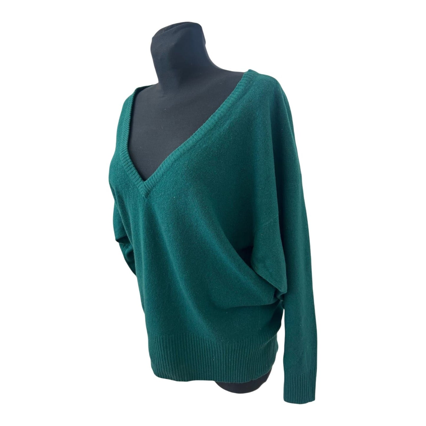 Damen Pullover Gr M Grün Lammwolle V-Ausschnitt Oversize Fledermaus