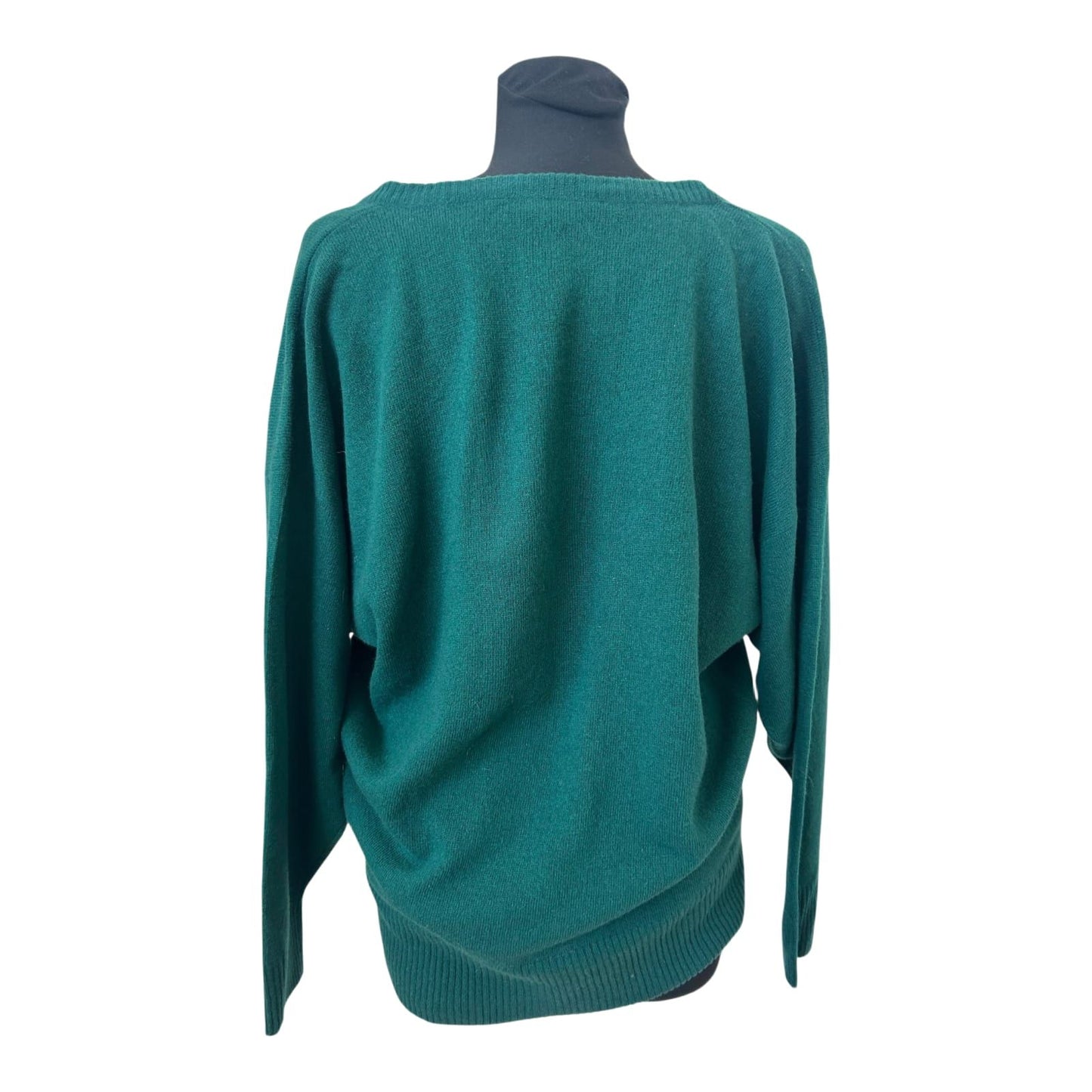 Damen Pullover Gr M Grün Lammwolle V-Ausschnitt Oversize Fledermaus