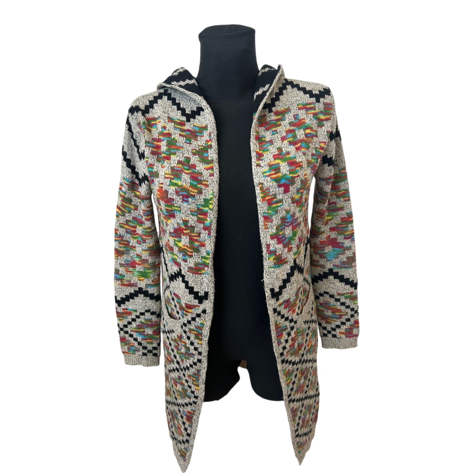 Colosseum Strickjacke Damen Gr M Ethno Muster Kapuze Long Cardigan